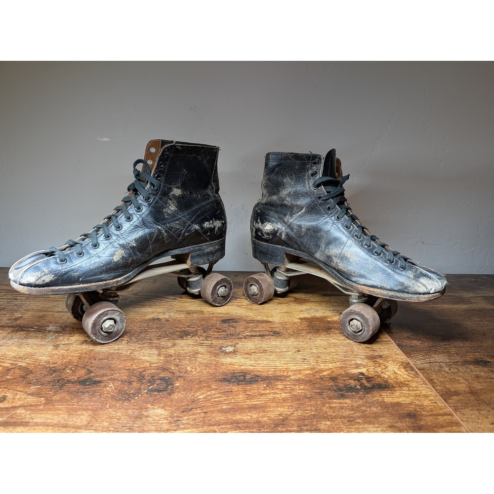 Vintage‎ JC Higgins Sears Black Leather Roller Skates Quad High Top Distressed